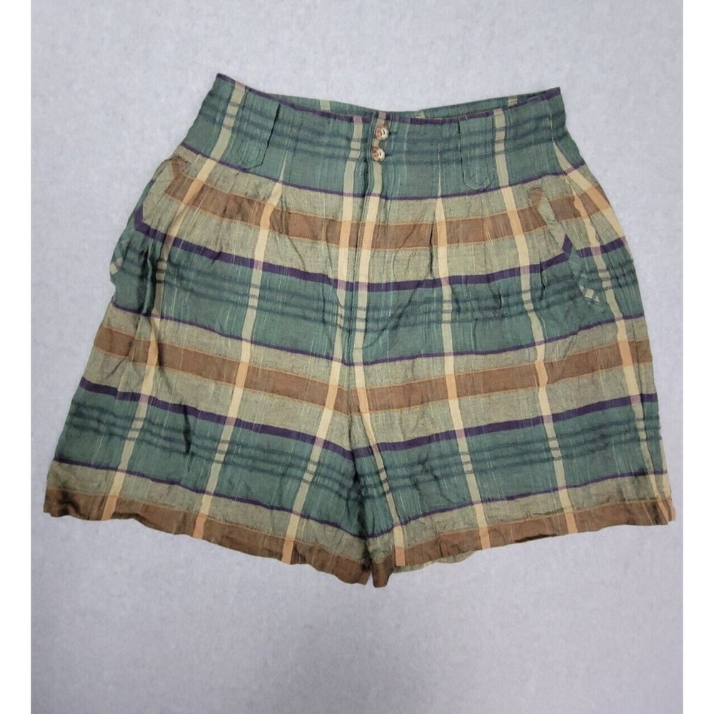 Vintage Express Plaid Linen Cotton Blend Shorts Green Tan‎ Purple Size 9/10